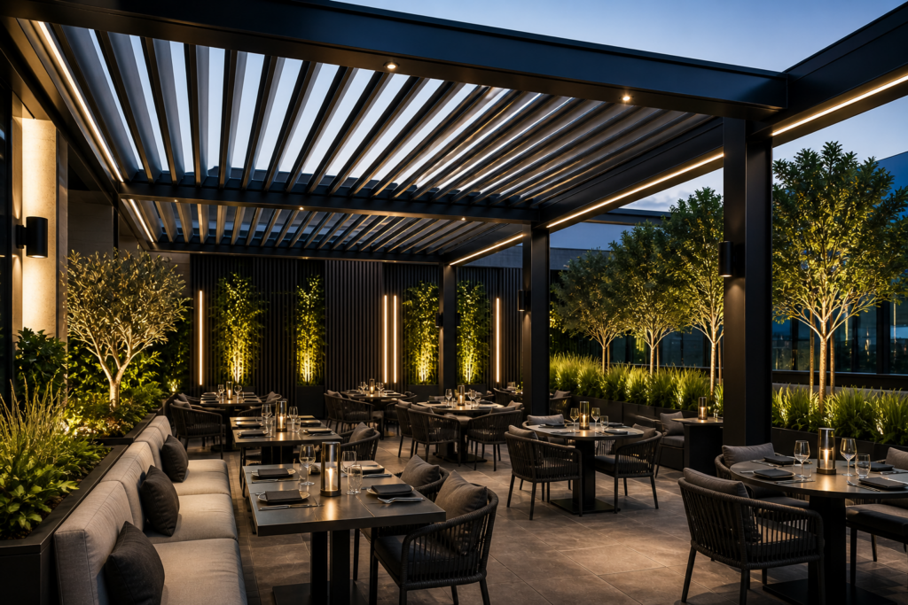 Commercial outdoor seating with louvered pergola, integrated LED strip lighting, open slats, and full restaurant patio seating on a modern rooftop at dusk