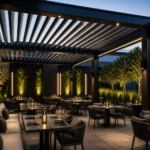 Commercial outdoor seating with louvered pergola, integrated LED strip lighting, open slats, and full restaurant patio seating on a modern rooftop at dusk