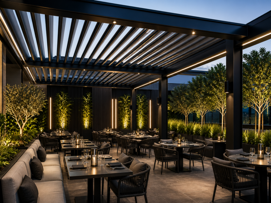 Commercial outdoor seating with louvered pergola, integrated LED strip lighting, open slats, and full restaurant patio seating on a modern rooftop at dusk
