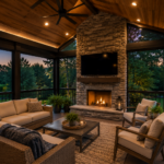 Luxury screened porch with vaulted wood ceiling, stone fireplace, premium outdoor furniture, and ambient evening lighting