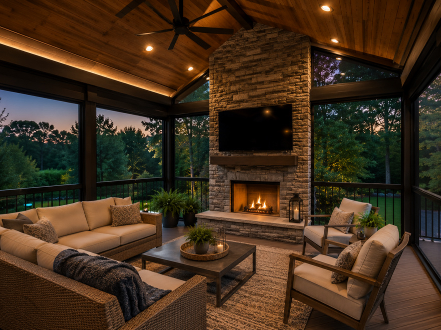 Luxury screened porch with vaulted wood ceiling, stone fireplace, premium outdoor furniture, and ambient evening lighting