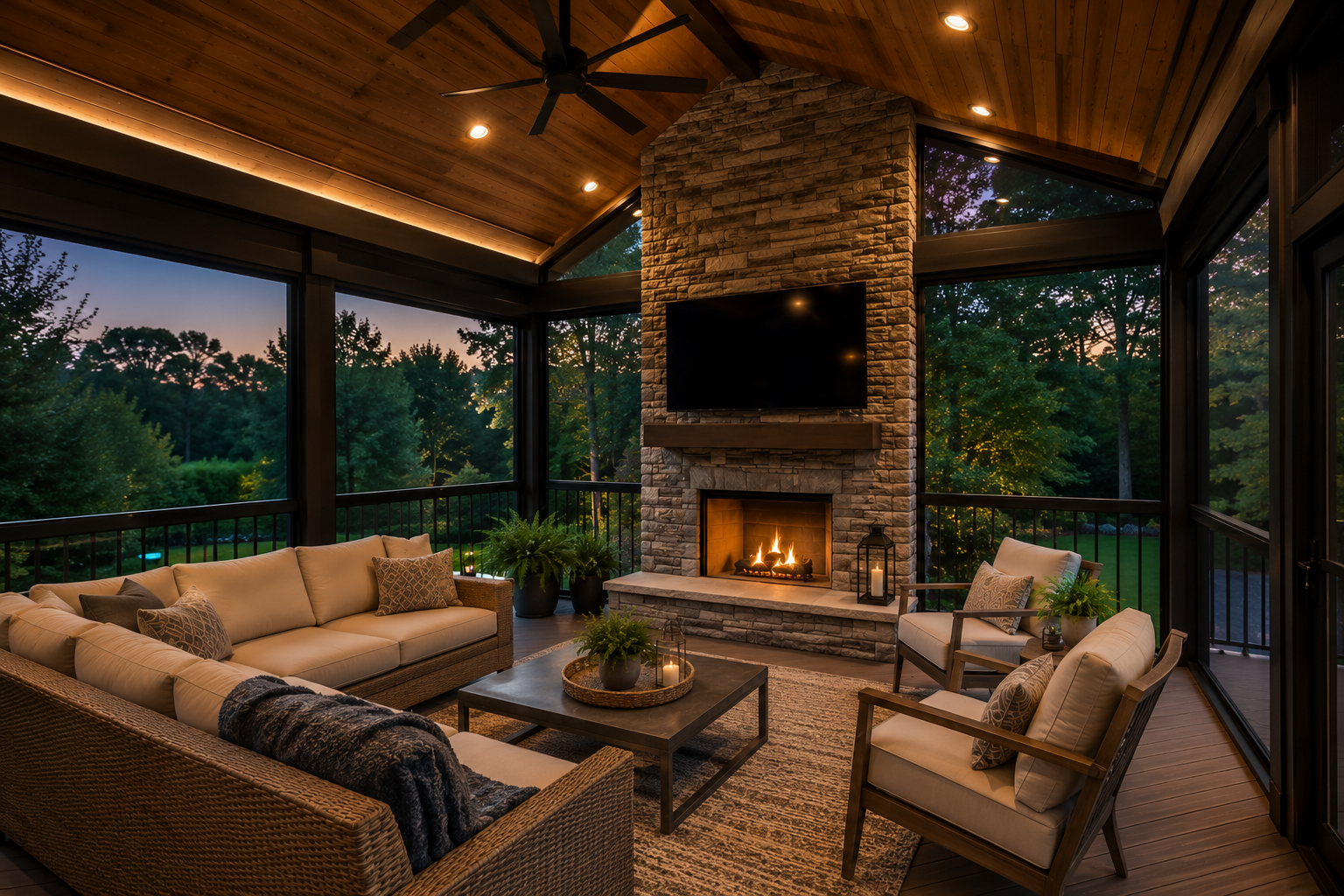 Luxury screened porch with vaulted wood ceiling, stone fireplace, premium outdoor furniture, and ambient evening lighting