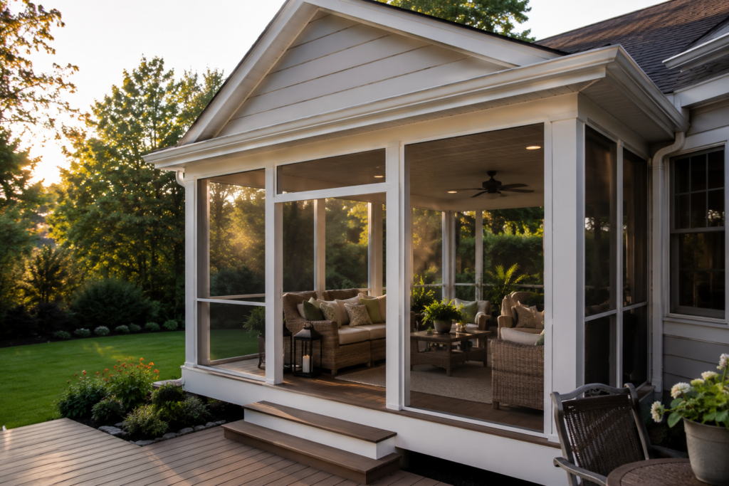 Luxury screened porch addition on a Northern Virginia suburban home with composite decking, white framing, and warm golden hour lighting