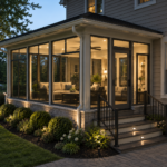 4-season sunroom with stone foundation, black framing, landscape lighting, and furnished interior attached to a two-story home in Virginia at night, illustrating mid-range sunroom prices in Virginia