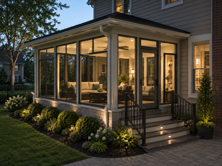 4-season sunroom with stone foundation, black framing, landscape lighting, and furnished interior attached to a two-story home in Virginia at night, illustrating mid-range sunroom prices in Virginia