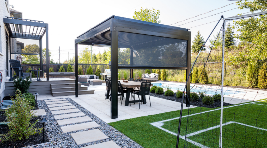 Patio seating area with retractable outdoor screens for shade and privacy